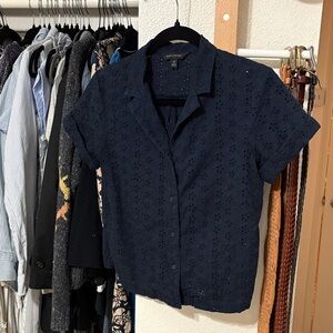 Banana Republic Navy Eyelet Short Sleeve Button-Front Shirt